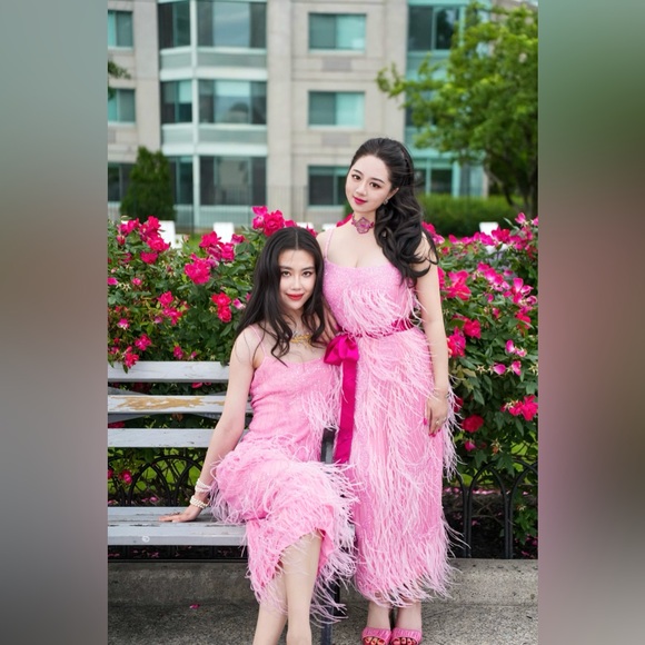 Rachel Gilbert Pink Beaded Embellished Ostrich Feather Alice Midi Dress AU3/US8